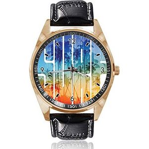 Surf Retro Letters Custom Ontwerp Polshorloge Analoge Quartz Gouden Wijzerplaat Klassieke LeatherBand Vrouwen Herenhorloge, Goud, 1.6""x1.6""x0.15"" inch, riem