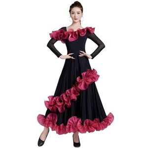 Tytyozay Elegante dames standaard dansjurk met ruches, modieuze V-hals lange mouwen ballroom dansjurk moderne elegante volle swing rok voor tango flamenco sociale wals ballroom,Rood,L