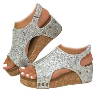 Whimsyard Orthopedische sleehaksandalen voor dames, leer, brede platformsandalen met sleehak, zomersandalen met open teen en gesp, Zilveren pailletten, 35 EU Breed