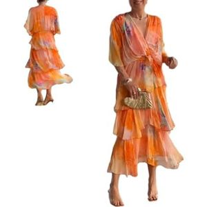 CupitiDU Elegante chiffon jurk - moeiteloze gratie voor elke gelegenheid, zomerse V-hals korte mouwen vloeiende midi-formele jurken, Oranje, 3XL