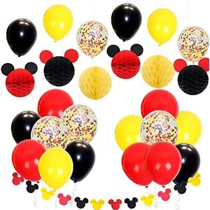 Feestdecoraties met Mickey-thema met confetti-ballonnen, rood, geel, oren, krans, papieren honingraatballen voor babyshower, verjaardagsdecoratie