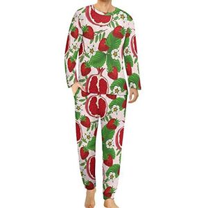 Aardbeien Guave Bloemen Comfortabele Heren Pyjama Set Ronde Hals Lange Mouw Loungewear met Zakken 5XL