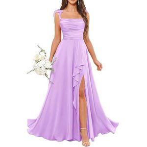 Dames chiffon bruidsmeisjes jurken met split lange galajurken ruches cocktailjurk plus size, Lila, 32
