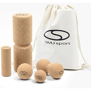 SMJ Fasciarolset van kurk | 6-delige set incl. gymtas van stof | massagerol, fasciabal, peanut dubbele bal | gemaakt van kurkmateriaal | fasciarol met uitsparing voor wervelkolom