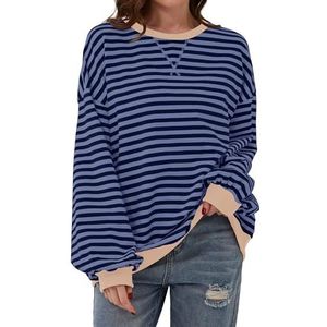 TERIVEEK 2000 Oversized sweatshirt voor dames met lange mouwen en ronde hals, casual gestreepte trui met losse pasvorm, Blauw, M