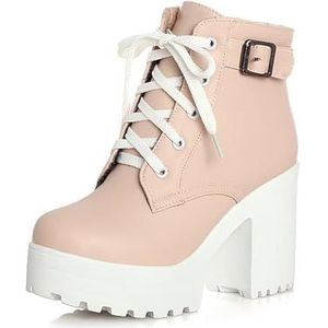 Dames Herfst Winter Bikerlaarzen PU-leren Enkellaarzen Met Gesp Platform Enkellaarzen Met Blokhak Pluche Gevoerde Veterlaarzen Outdoor Warme Katoenen Schoenen (Color : Apricot, Size : 42 EU)