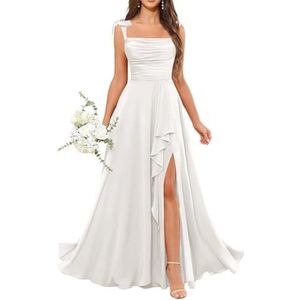 Dames chiffon bruidsmeisjes jurken met split lange galajurken ruches cocktailjurk plus size, Ivoor, 32