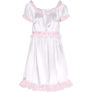 Satini Lingerie Satijn Sissy Babydoll Ruche Frilly Kant Slip Nachtkleding Jurk (Wit, L)