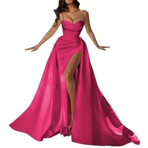 Satijnen Galajurken voor Vrouwen Zeemeermin Formele Avondbaljurken met spleet Ceremonie Jurken Plus Size, roze (hot pink), 32