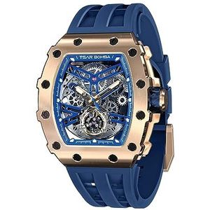 TSAR BOMBA horloges heren, automatische horloges voor heren, luxueus herenhorloge, tonneau-horloge, vierkant 50M waterdicht, sportief, mechanisch zilveren polshorloge met skeletontwerp voor heren, hol lichtgevend horloge met siliconen band, Blauw-g, 316L stainless steel
