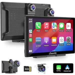 Carpuride W905 draadloze Carplay & Android autoradio met dashcam, draagbaar 9 inch HD touchscreen, 4K voor- en achteruitrijcamera, loopopname, bluetooth, mirror link, GPS, Siri, FM, 64G TF-kaart.