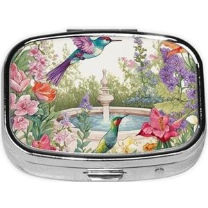 Kleine pillendoos draagbare pillendoos 2 compartimenten metalen pillenhouder organizer schattige tuin met vogels en bloemen reizen pillendoos voor portemonnee zak