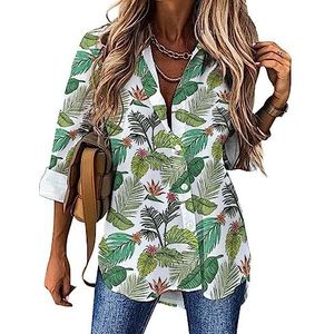 Regenwoud Palm Plant Bloem Vrouwen Button Down Shirts Lange Mouw Jurk Shirt V-hals Blouses Tops