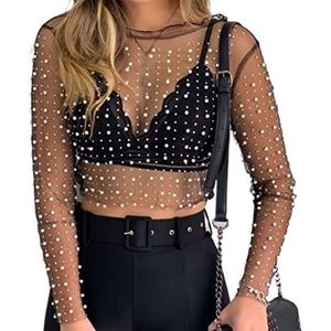 Parel Top Voor Dames, Sexy Kralen Lange Mouw Pure Mesh T-shirt Blouse Crop Top Party Clubwear (Color : A, Size : M)