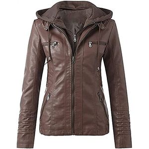 Jas dames leren jas dames imitatie leren jas dames met rits,retro design (Color : Brown, Size : L)