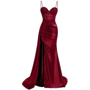 KIYNE Spaghetti Strap Satijn Galajurken met Split Kant Applique Zeemeermin Baljurk Floor Lengte Corset Formele Jurk, wijnrood, 36