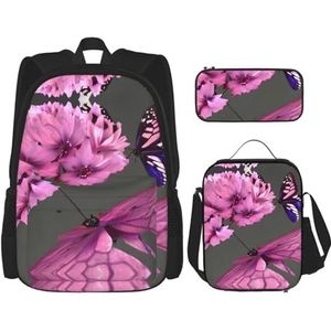 YANDM Eiffeltoren Parijs Rugzak 3 Stuks Set Reizen Wandelen Lichtgewicht Laptop Etui Geïsoleerde Lunch Tas voor Vrouwen, Vlinders Bloemen, Eén maat