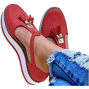 Sandalen voor Dames Zomer Platform Wedge Espadrilles Kwastje Leren Sandaal Verstelbare Enkelband Gesloten Teen Wedge Sandaal Ronde Neus Mary Jane Shoes Vintage Strand Sandalen,Red,36