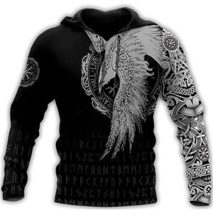 Noorse Mythologie Odin Raven Sweatshirt, 3D Gedrukte Klassieke Harajuku Rune Tattoo Rits Pullover Hoodie, Fall Vegvisir Celtic Pagan Outdoor Loose Top(Color:Pullover Hoodie,Size:S)