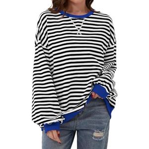 Oversized Sweatshirt for Women Striped Color Block Long Sleeve Crewneck Sweater Sports Casual Loose Fit Pullover Tops (L,7)