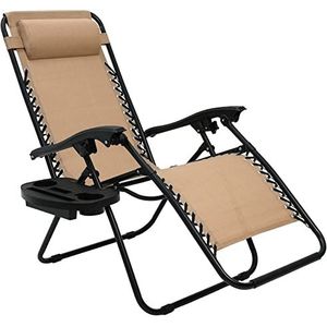 LIFERUN Zonneligstoel, inklapbare ligstoel met verstelbaar hoofdkussen en rugleuning, relaxstoel voor lunchpauze met bekerhouder, ergonomisch en ademend, beige