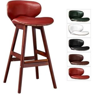 Barkruk Stoel Retro Barstoelen Massief Houten Hoge Kruk Met Rugleuning PU Leer Gevoerde Zitting for Restaurant Kassier Woninginrichting Thuis(Red,74cm(29.1inch))