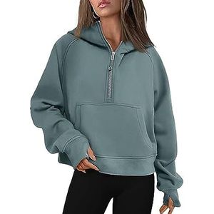 Womens Hoodies Sweatshirts Half Zip Cropped Pullover Fleece Quarter Zipper Hoodies with Pockets Fall Outfits Clothes Thumb Hole (Color : Green, Size : XL)