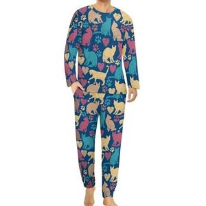 Kleurrijke Kat Mannen Pyjama Set Lounge Wear Lange Mouw Top En Bodem 2 Stuk Nachtkleding