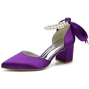Dames Mid Chunky Blokhakken Trouwjurk Schoenen Parels Enkelbandje Bruidspumps Puntige neus Avondfeest Sandalen,Dark purple,36 EU