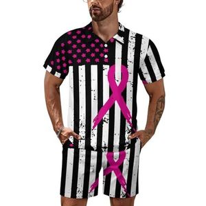 Roze lint borstkanker bewustzijn vlag heren poloshirt set korte mouwen trainingspak set casual strand shirts shorts outfit 5XL