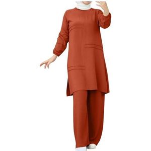 UPPJPBSW Muslim Vrouwen Plus Size Linnen Lounge Set - 2-Delige Outfit met Losse Lange Mouwen en Broek met Split Zoom,Oranje,3XL