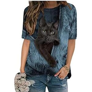 Vrouwen Leuke 3D Kattenprint Tops Grappig Zwart Kat Patroon T-Shirt Zomer Casual Korte Mouw T-shirts Blouse, blauw, 3XL