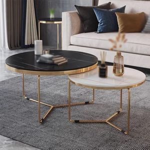 GEIRONV Ronde Nesttafel Set van 2, voor Woonkamer Slaapkamer Appartement Theetafel Combinatie met Metalen Frame Moderne Nesttafel Nesttafel (Color : Black white, Size : 60+45cm)