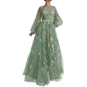 Dames Tule Galajurken Bloem Borduurwerk Avondfeest Jurken Prinses Baljurken Plus Size, Donkergroen, 32