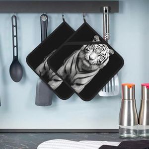 Witte tijger pannenlappen antislip pannenlappen hittebestendige hete pads set van 2 voor keuken koken bakken
