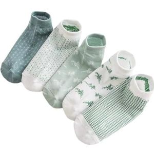 Modieuze zachte katoenen korte sokken, 5 paar, casual vochtafvoerende laag uitgesneden sokken voor vrouwen, ademend met decoratief ontwerp, Groen en Wit, Eén Maat
