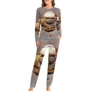 Vintage Steampunk Luchtschip Zachte Dames Pyjama Lange Mouw Warm Fit Pyjama Loungewear Sets met Zakken 6XL