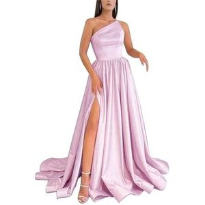 HPPEE Satijnen baljurken met één schouder en split zonder mouwen, lange baljurk korset, formele feestjurk, roze, 32