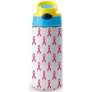 Borstkanker bewustzijn roze lint 12 oz waterfles met rietje koffie beker water beker roestvrij staal reismok voor vrouwen mannen blauwe stijl