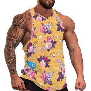 Roze roos bloemen en vogel heren tanktop grafische mouwloze bodybuilding T-shirts casual strand T-shirt grappige sportschool spier