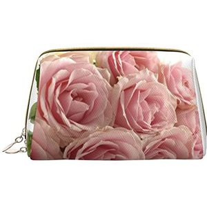 VUCEMI Roze rozen bedrukte koppeling cosmetische tas, lederen draagbare rits cosmetische tas, reizen multifunctionele grote capaciteit opbergtas, Wit, One Size