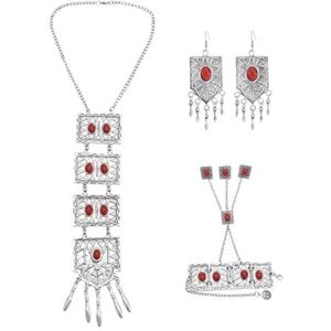Vintage zilverkleurige metalen rood blauwe steen ketting armband oorbellen sets for vrouwen bohemien zigeuner feest cadeau etnische sieraden set (Color : Red Jewelry sets)