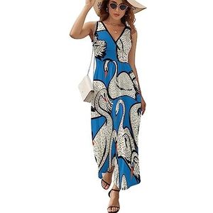 Zwaan vogels blauwe maxi-jurk voor dames mouwloze lange zomerjurken strandjurken A-lijn XL