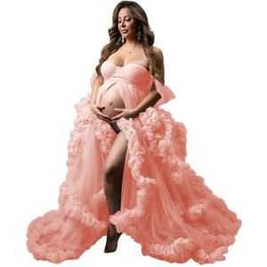 Off-shoulder geplooide moederschap tule gewaad voor fotoshoot zwangere ochtendjas pure lingerie nachthemd AH155, Koraal, 36