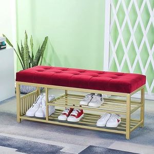 Luxe instapbank schoenenrekbank, comfortabele schoenenbank gestoffeerde zitbank, moderne instapschoenorganizer meubelen schoenenopslagbank(Red,60x35x45cm(24x14x18inch))