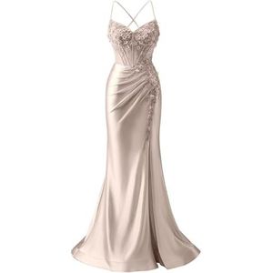 Satijnen Galajurken voor Vrouwen Zeemeermin Formele Avondbaljurken met spleet Ceremonie Jurken Plus Size, Taupe, 32
