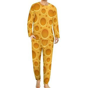 Gele kaas comfortabele herenpyjama-set met ronde hals en lange mouwen, loungewear met zakken, XL