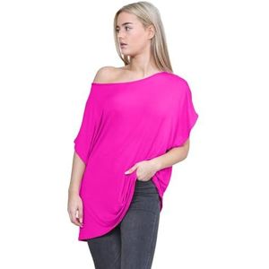 janisramone Dames nieuwe effen off-shoulder vleermuismouwen bardot baggy oversized T-shirt T-shirt, Neon Roze, 46-48