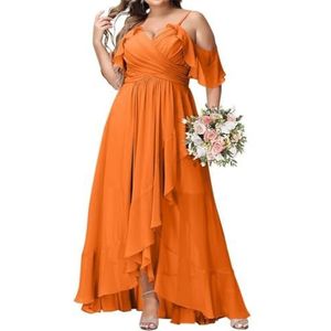 Spaghetti Bandjes Prinses Bruidsmeisje Jurken V-hals Prom Jurk Chiffon Formele Avondfeest Jurk Korte Mouw, Oranje, 38