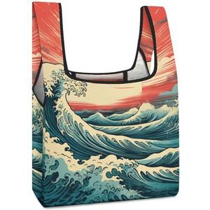 Vintage Surf Zee Golven met Zon Herbruikbare Boodschappentassen Opvouwbare Boodschappentassen Grote Opvouwbare Tote Bag met Lange Handvatten